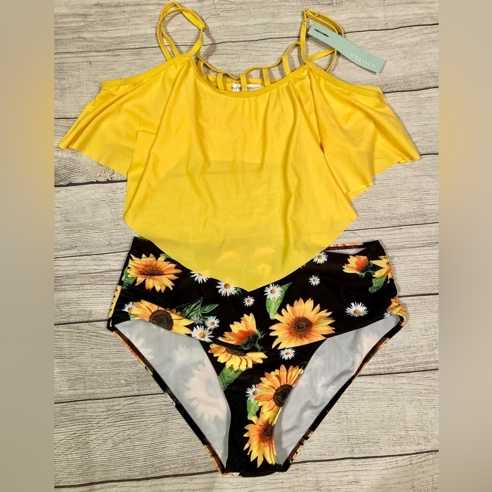 Dressfo NWT Tankini high waisted Sunflower Women’s 2 piece Bathing Suit size 14